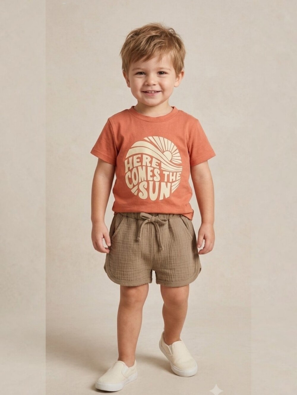 Retro Here Comes The Sun Short Set Sz 2T Peach Beige Muslin Gauze Neutral 2Pc